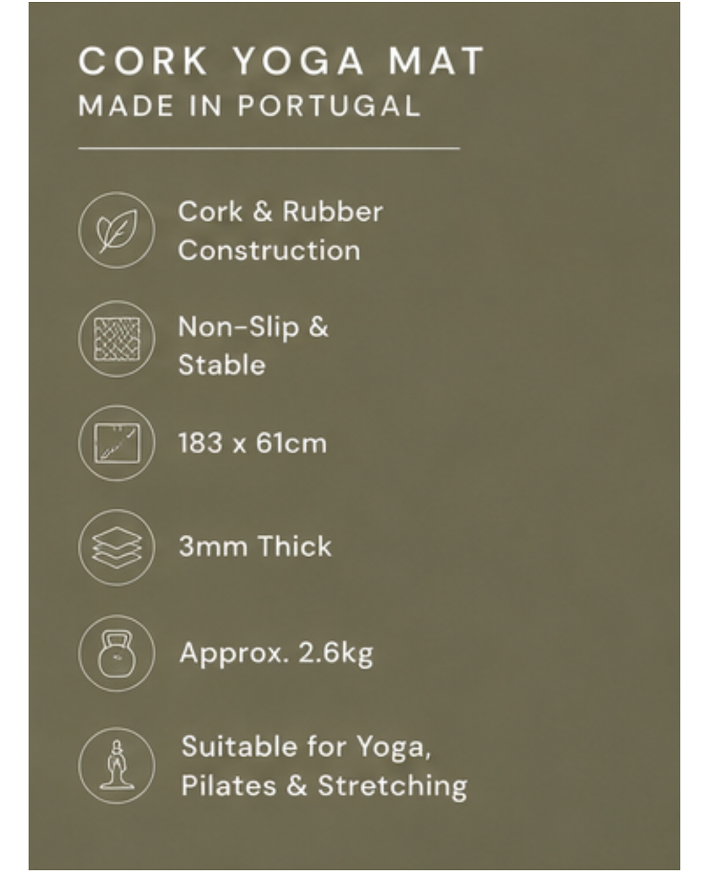 A dark olive green informational graphic for a cork yoga mat, featuring white text and icons detailing its cork and rubber construction, non-slip stability, dimensions of 183 x 61cm, 3mm thickness, weight of approx. 2.