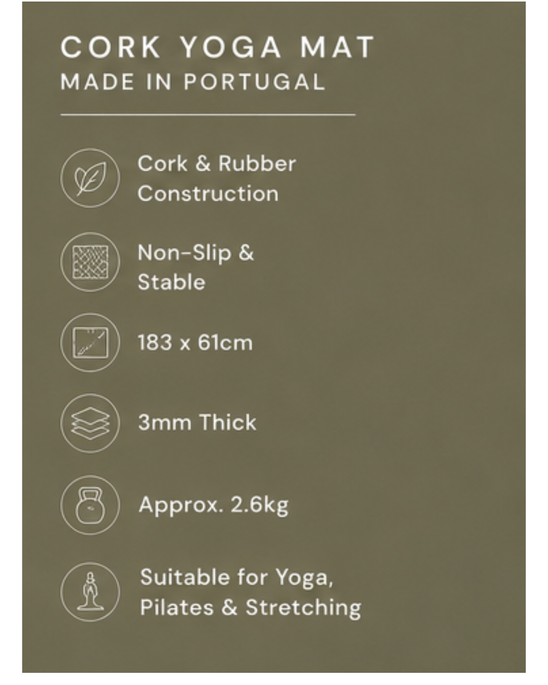 A dark olive green informational graphic for a cork yoga mat, featuring white text and icons detailing its cork and rubber construction, non-slip stability, dimensions of 183 x 61cm, 3mm thickness, weight of approx. 2.