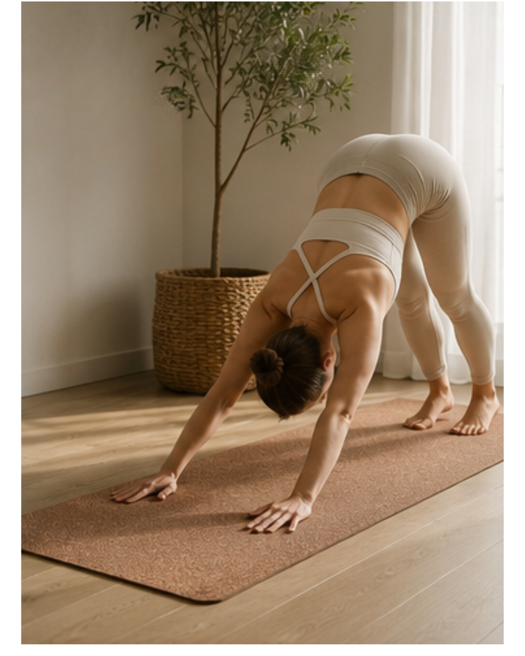 A woman in a beige sports bra and leggings does a downward-facing yoga pose on a brown textured yoga mat in a bright room with a potted tree.