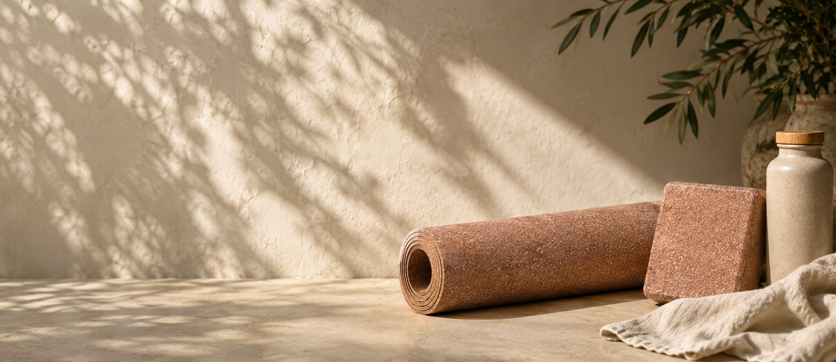 A rolled cork yoga mat and a matching rectangular cork block sit on a stone surface against a textured beige wall, with dappled leaf shadows cast across the scene and a small plant and ceramic bottle nearby.